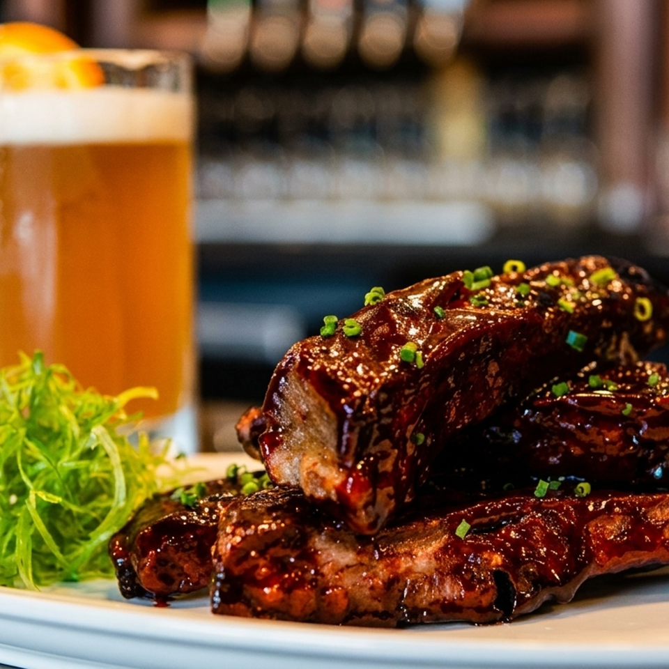 Glazed BBQ ribs with chives and a side of green salad, with a beer in the background.