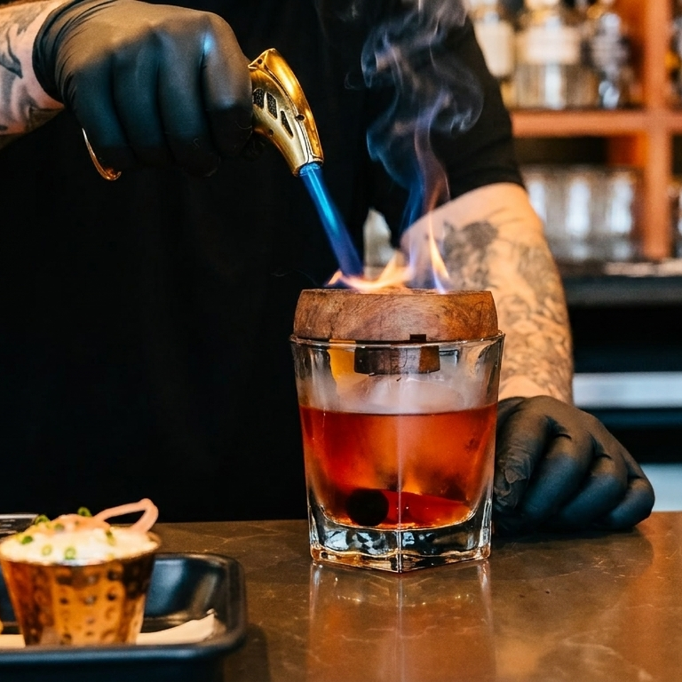 Bartender in black gloves using a torch to smoke a cocktail in a glass with a wooden lid.