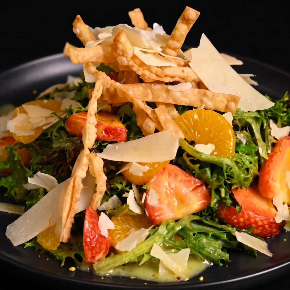 Fresh salad with mixed greens, strawberries, oranges, parmesan, and crispy wonton strips on a dark plate.