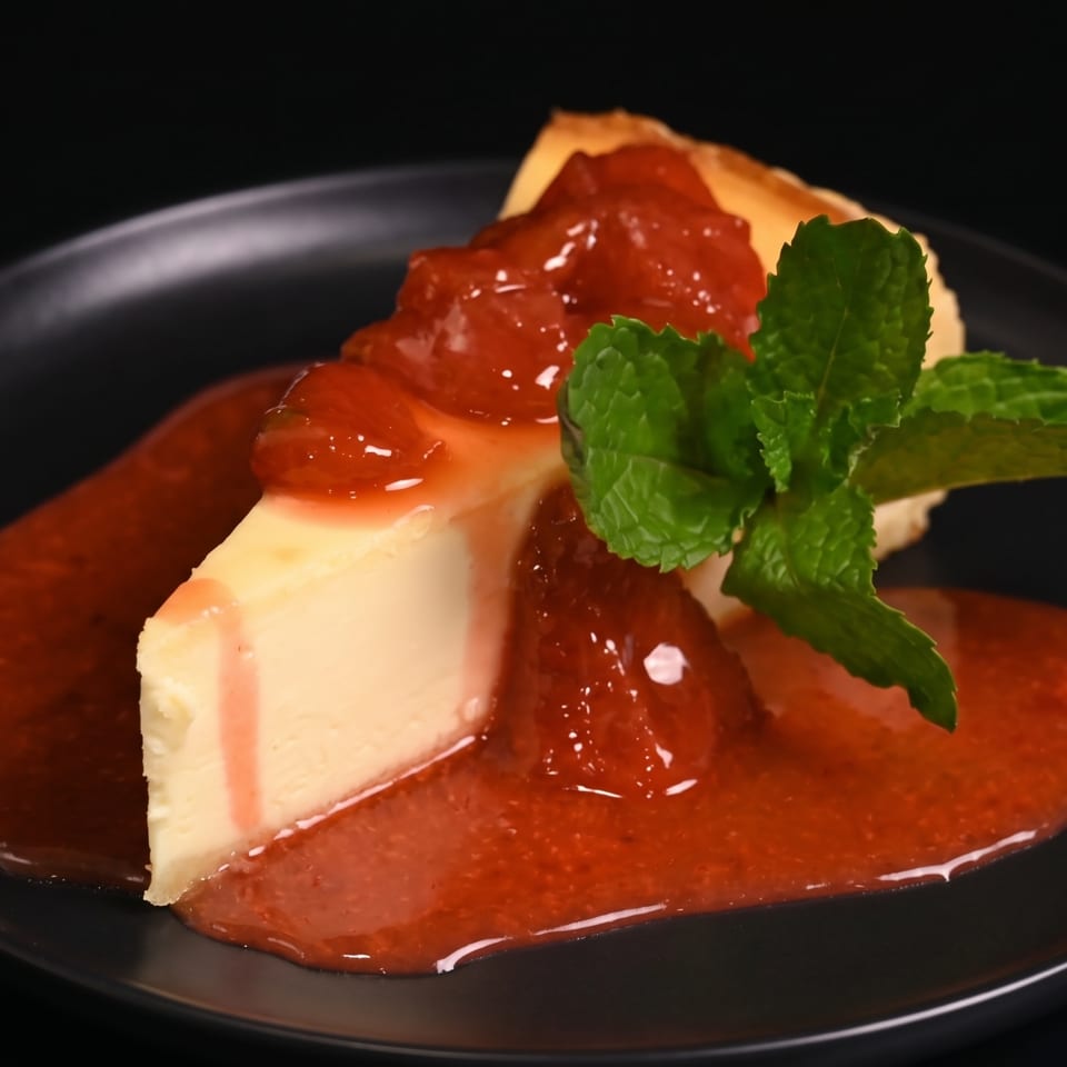 Slice of cheesecake topped with strawberry sauce and a sprig of mint on a black plate.