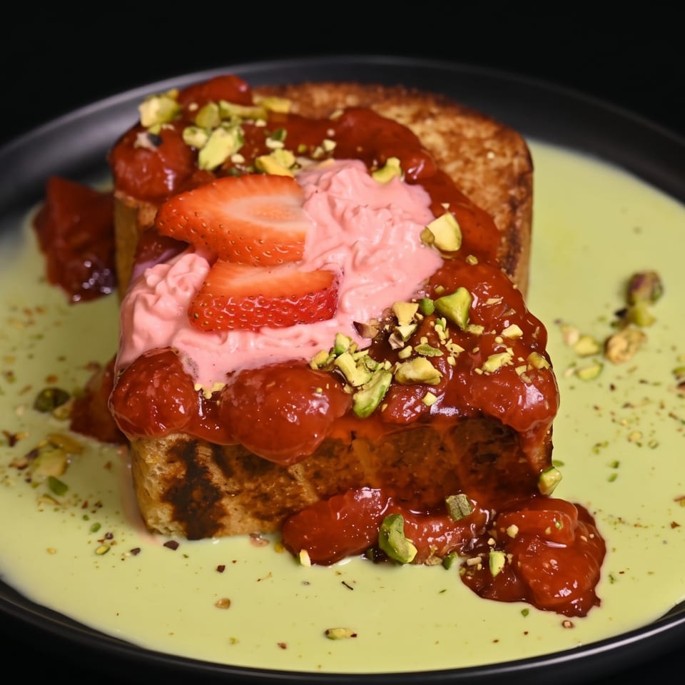 Thick French toast topped with strawberry compote, pink cream, and pistachios, in a green sauce.