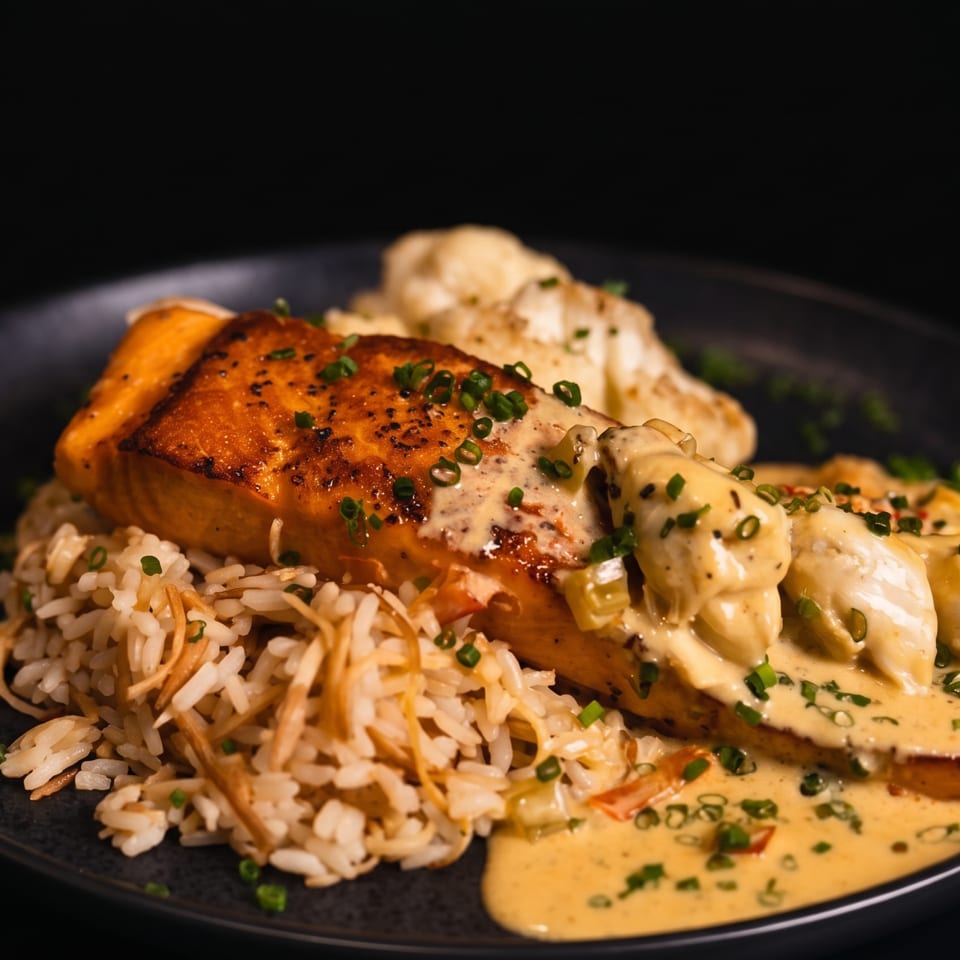 Pan-seared salmon with creamy sauce, rice pilaf, and chives on a dark plate.