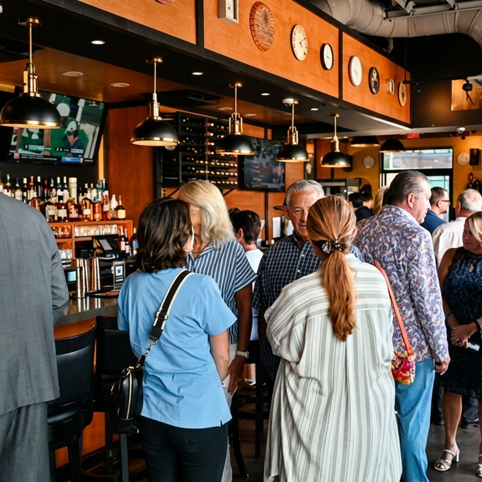 Patrons socialize at a lively bar with a "Sweet Caroline" sign, bottles, and TVs.