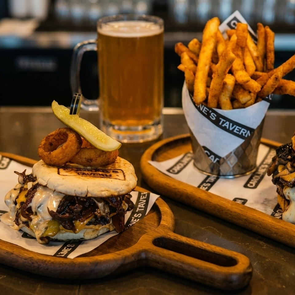 Two burgers with onion rings and pickles, served with fries, chips, and a beer at Caroline's Tavern.